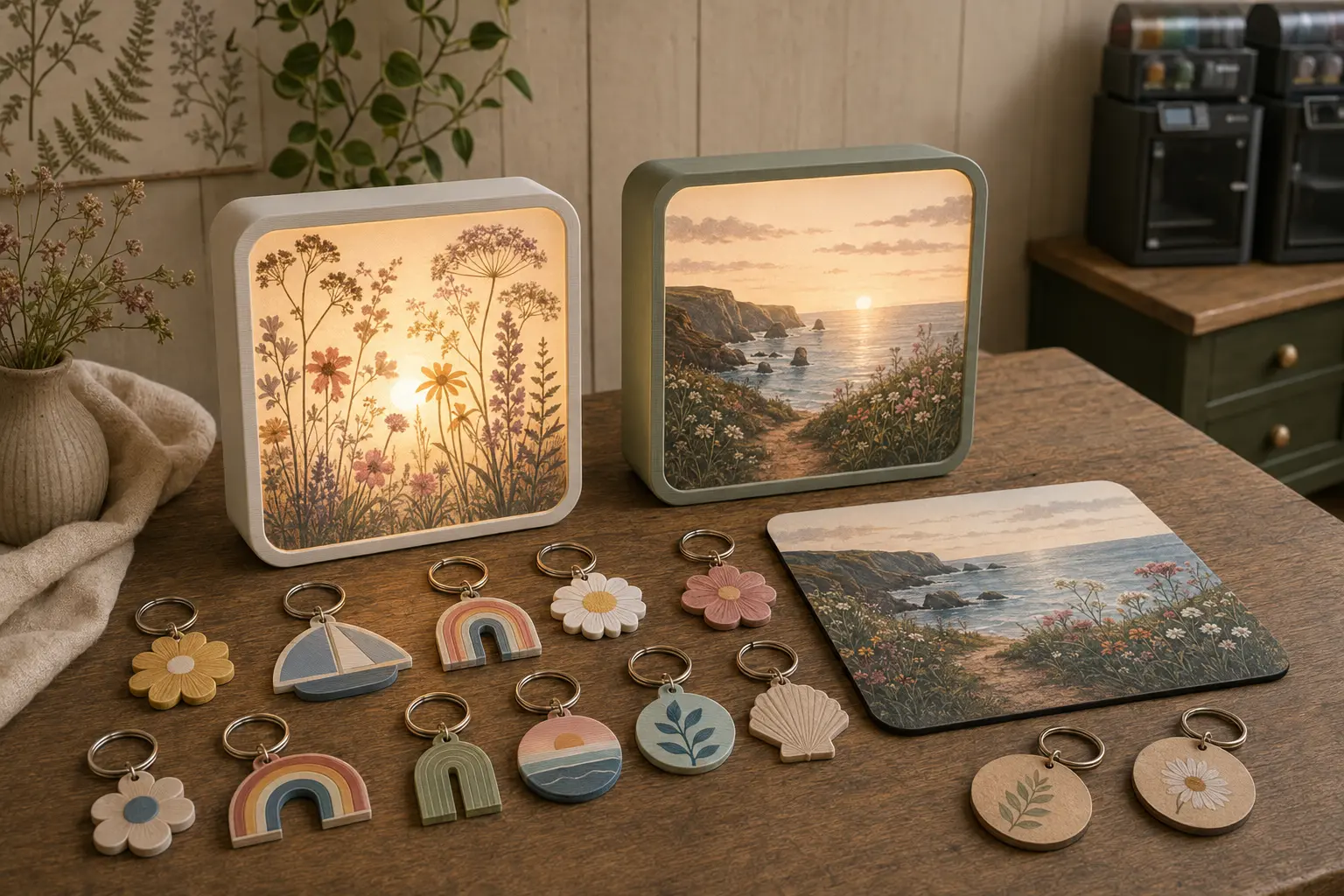 Representative Beam & Bloom 3D-printed light boxes and multicolour keyrings with an unstitched mouse mat and the studio printers softly in the background