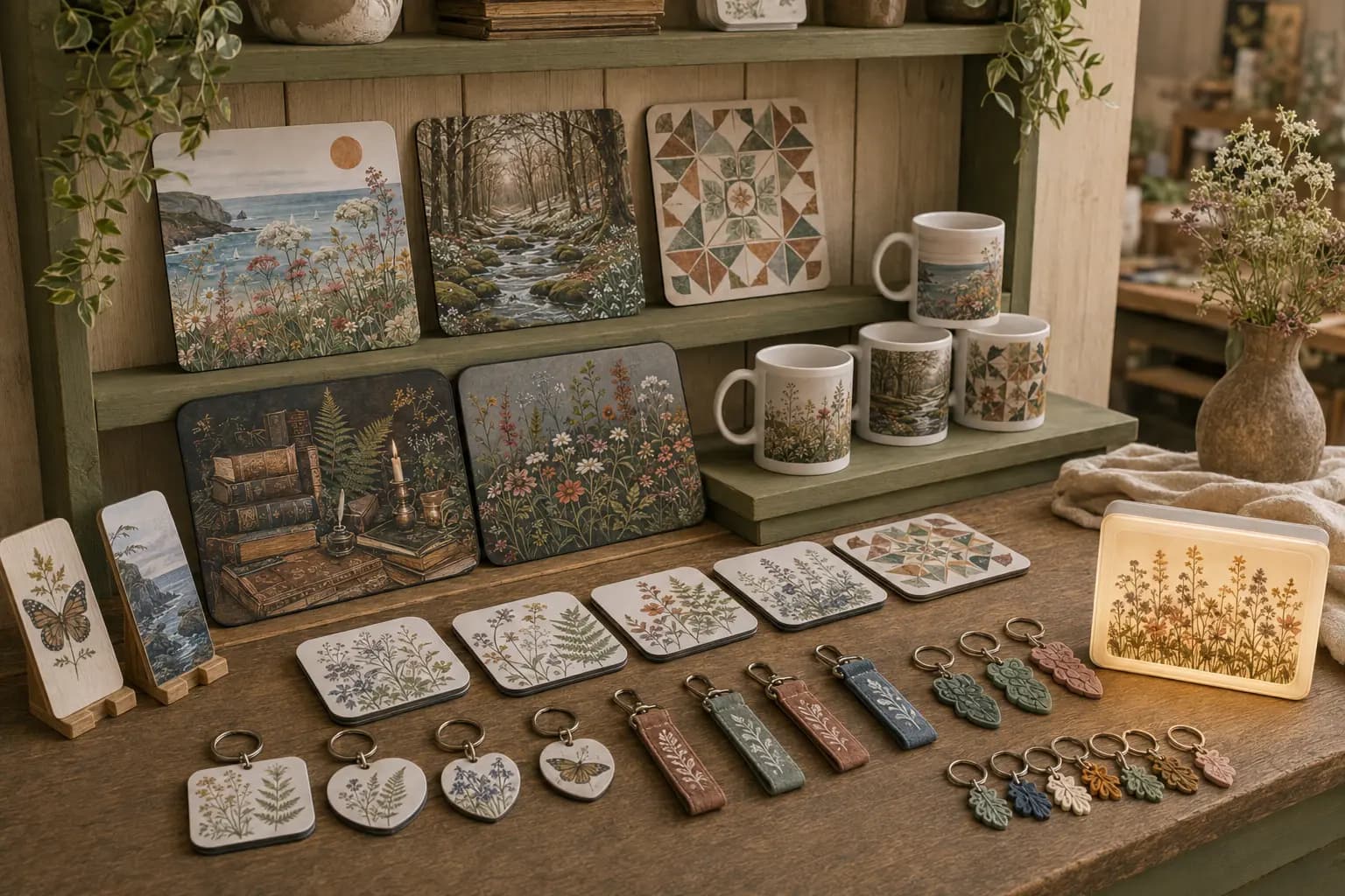 Representative small-batch retail collection of 11oz mugs, A4 metal signs, placemats, coasters and correctly shaped hardboard keyrings