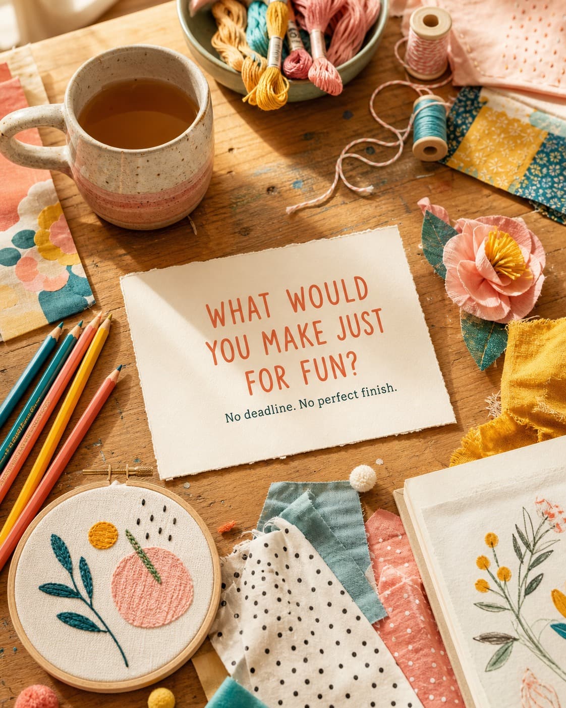 A sunny craft table with tea, thread, fabric, pencils and embroidery around a card asking What would you make just for fun?