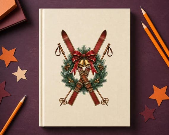 Crossed skis Christmas wreath PNG centred on a notebook cover and clear of the spine.