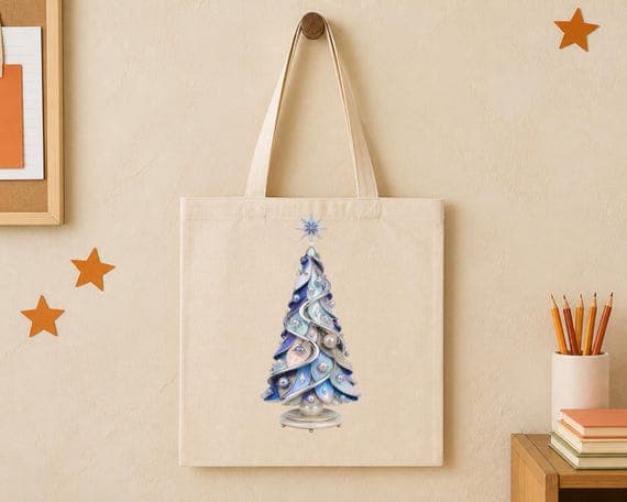 Holographic celestial Christmas tree illustration centred on a natural tote bag.