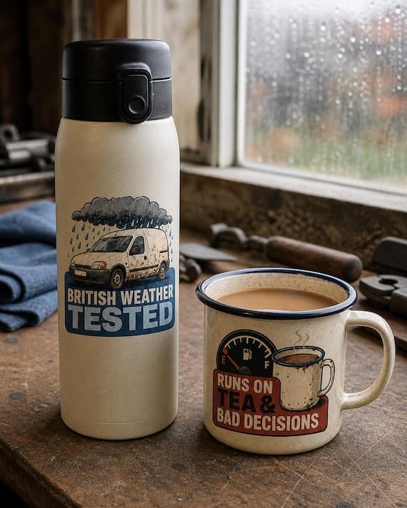 British Weather Tested and Runs on Tea and Bad Decisions designs shown on cream workshop drinkware.