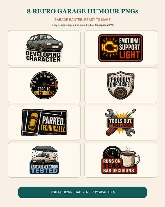 Complete collection sheet showing all eight individual transparent retro garage humour PNG designs included in the digital bundle.