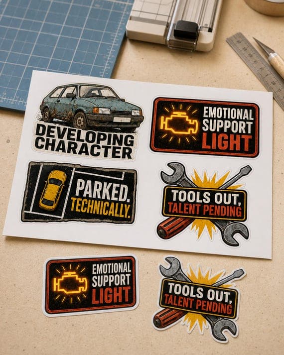 Four retro garage humour designs shown as a professionally printed sticker sheet with two loose finished stickers.