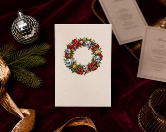 Retro disco Christmas illustrations shown realistically printed on a festive party invitation.