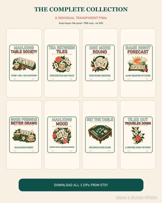 Complete collection sheet showing all eight individual transparent Mahjong game-night PNG designs included in the bundle.