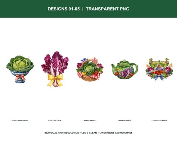 Five individual cabbage and garden market transparent PNG designs on white.