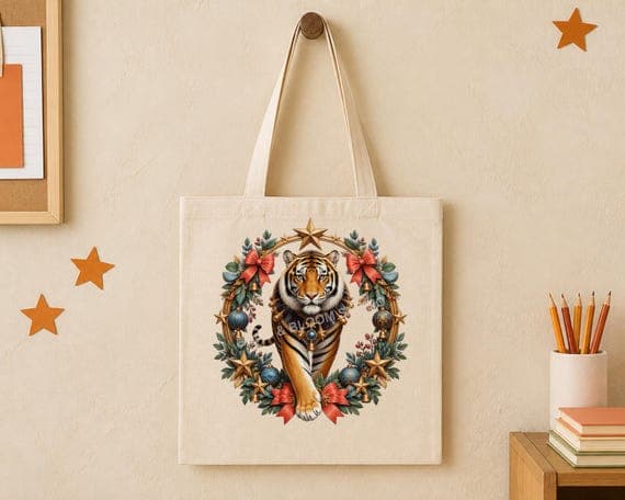 Maximalist Christmas tiger wreath illustration centred on a natural tote bag.