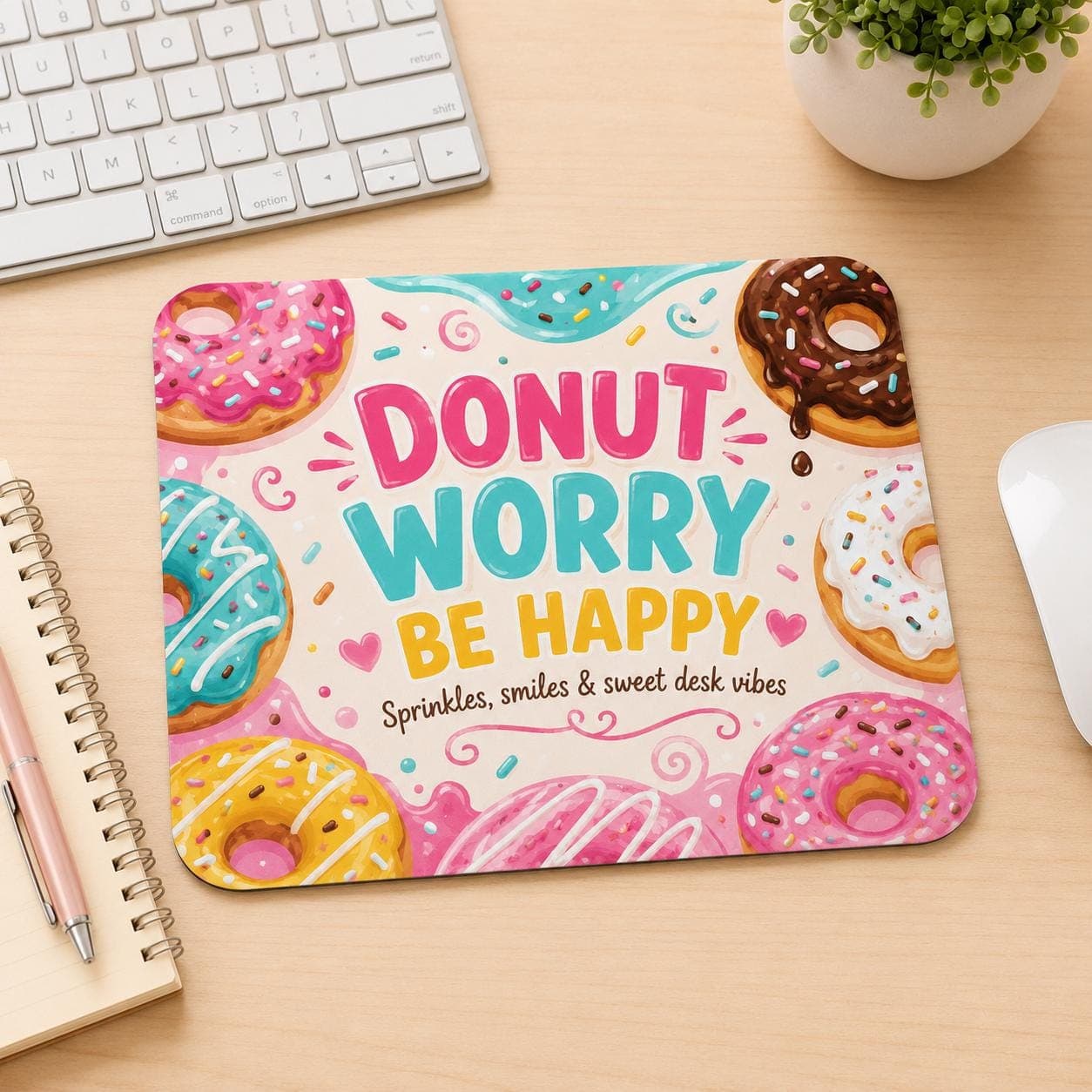 Donut Mouse Mat, Funny Donut Worry Be Happy Desk Accessory, Colourful Office Gift