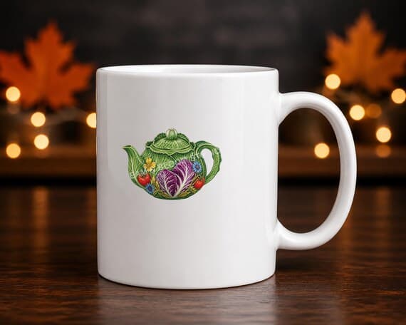 Green cabbage teapot artwork aligned centrally on the printable surface of a white mug.
