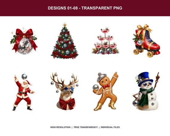 Close detail sheet showing the first eight high-resolution transparent disco Christmas PNG designs.