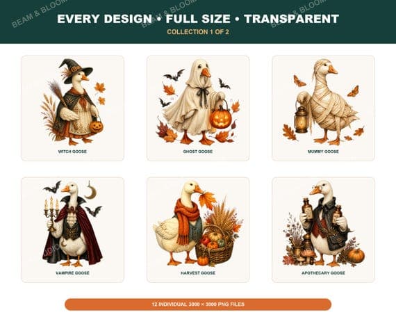Spooky Goose PNG Bundle, 12 Halloween Watercolor Clipart, Autumn Storybook Designs (Digital Download)