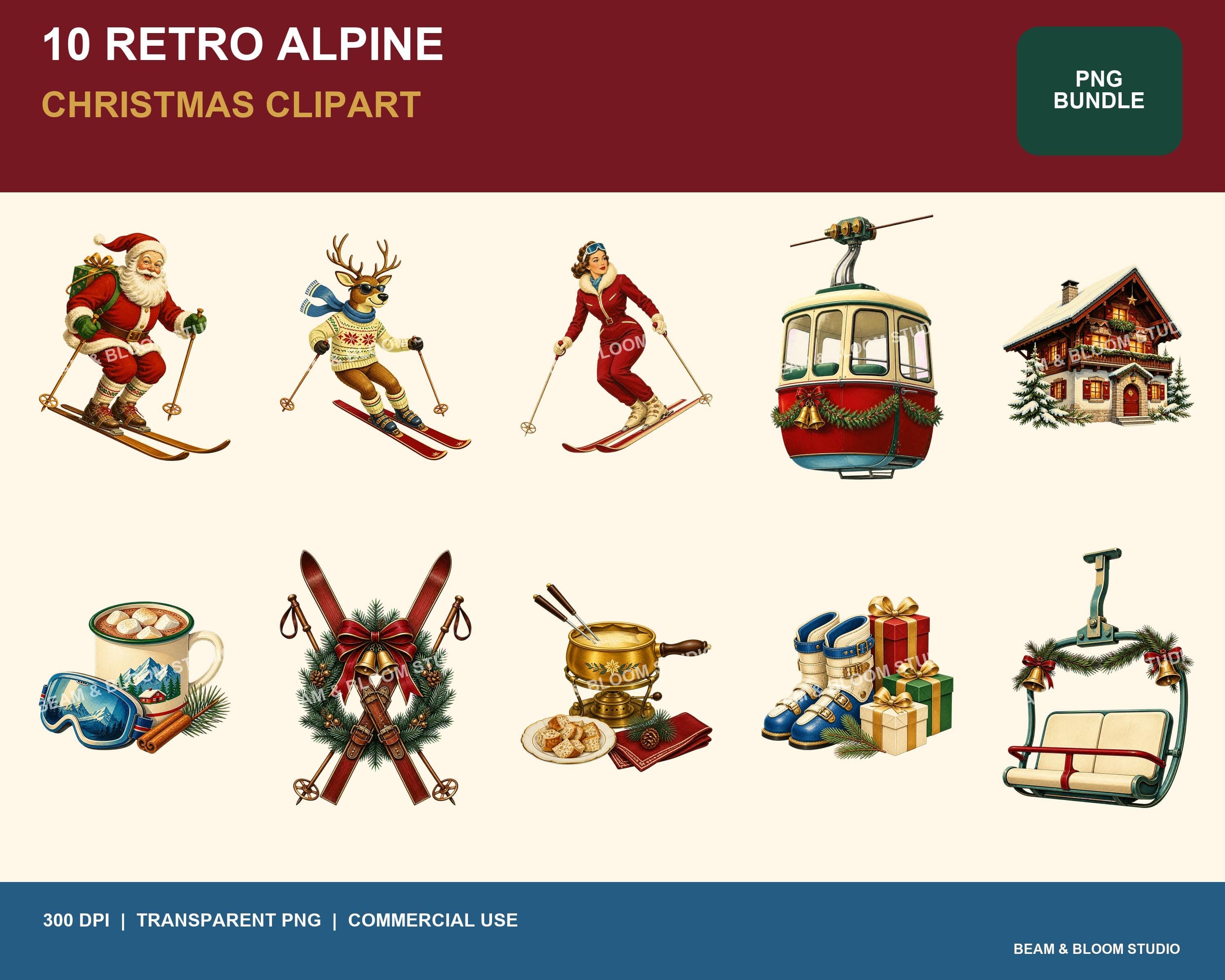 Complete collection of 10 retro alpine Christmas apres ski transparent PNG illustrations in red, pine, blue, cream and gold.