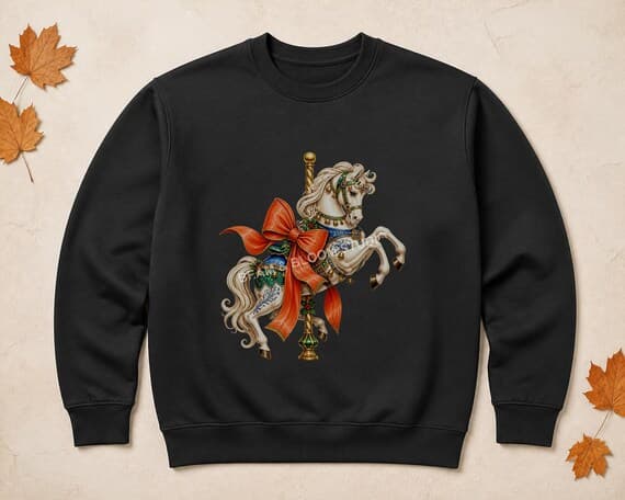 Jewel tone Christmas carousel horse illustration printed centrally on a black sweatshirt.