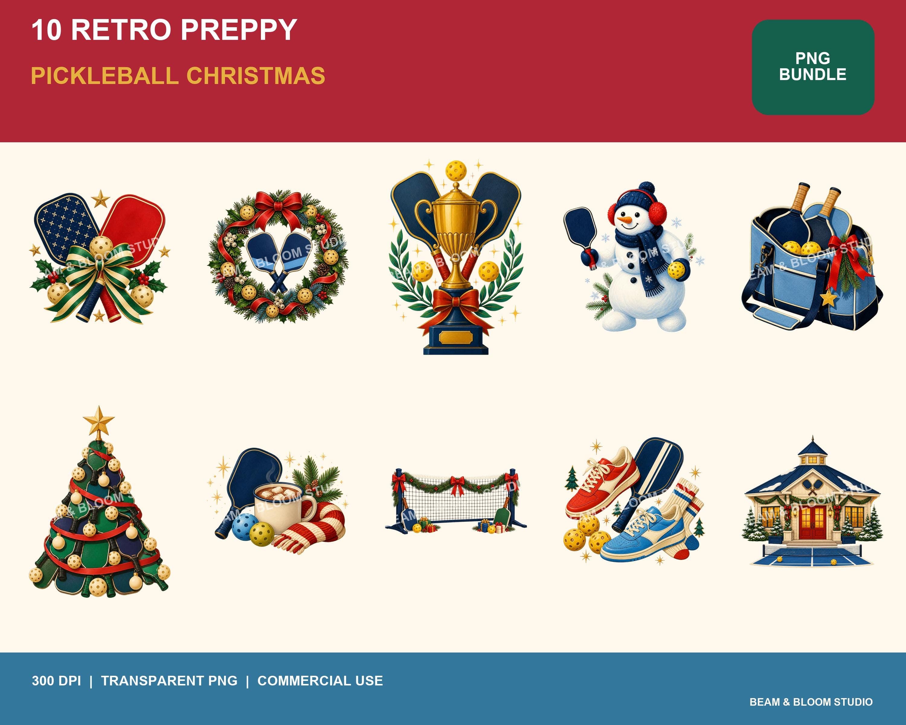 Complete collection of ten retro preppy pickleball Christmas PNG illustrations in navy cream red green blue and gold.
