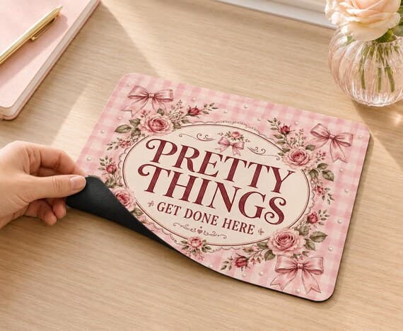 Coquette Mouse Mat, Pink Gingham Floral Desk Accessory, Feminine Office Decor