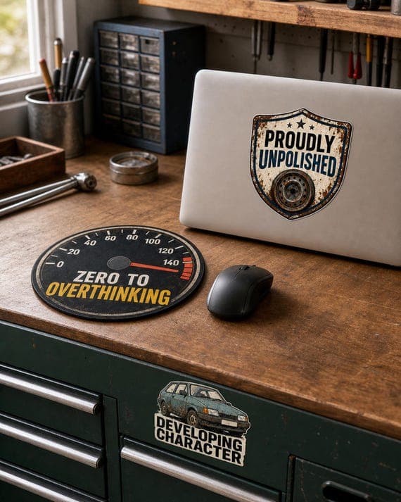 Retro mechanic humour designs shown on a laptop, round desk mat and green tool chest in a natural workshop scene.