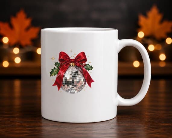 Retro disco Christmas PNG illustration shown correctly aligned on a ceramic mug.