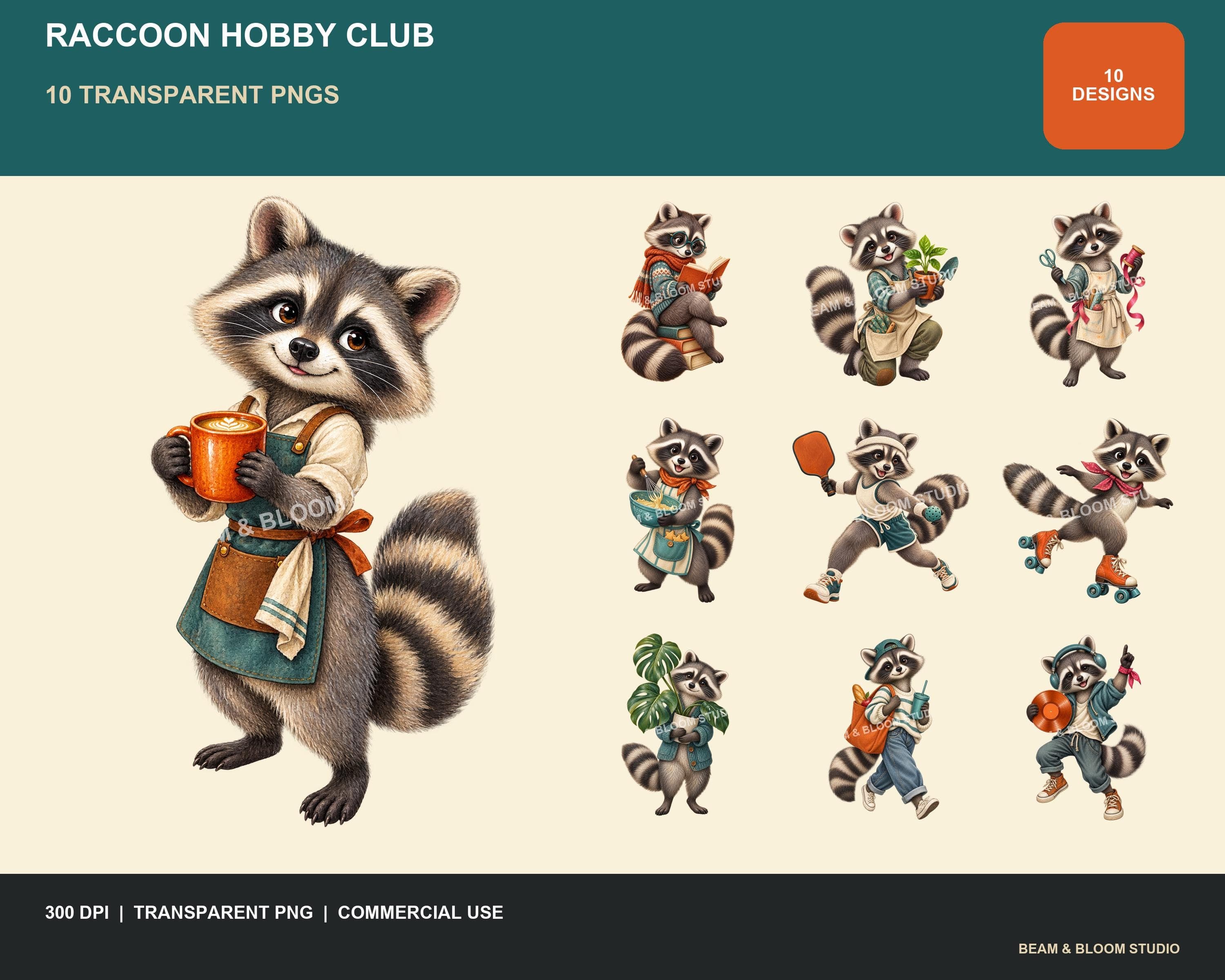Complete collection of ten original raccoon hobby club transparent PNG designs in teal orange and cream.