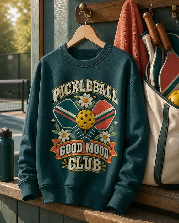 Retro Pickleball Good Mood Club design shown on a deep teal crewneck sweatshirt in a court-side clubhouse scene.
