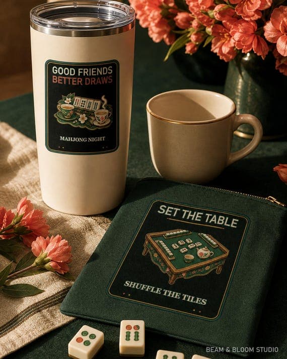 Good Friends Better Draws and Set the Table designs shown on a tumbler and Mahjong tile pouch.