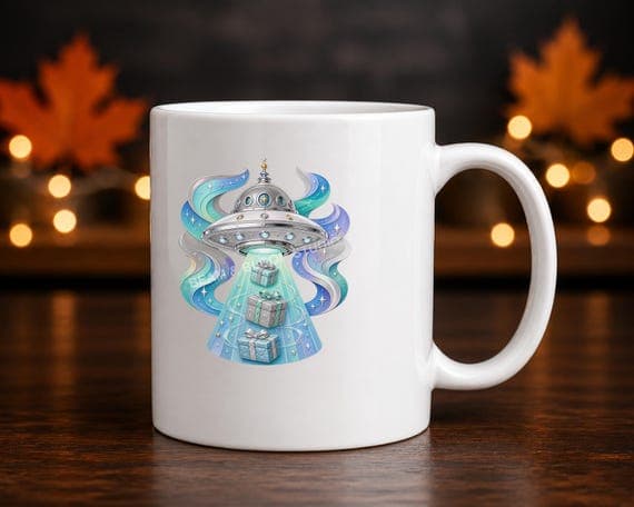 Playful cosmic UFO gift beam Christmas design printed on a white ceramic mug.