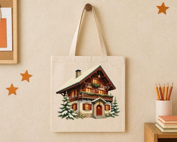 Snowy alpine chalet Christmas PNG centred inside the printable panel of a tote bag.