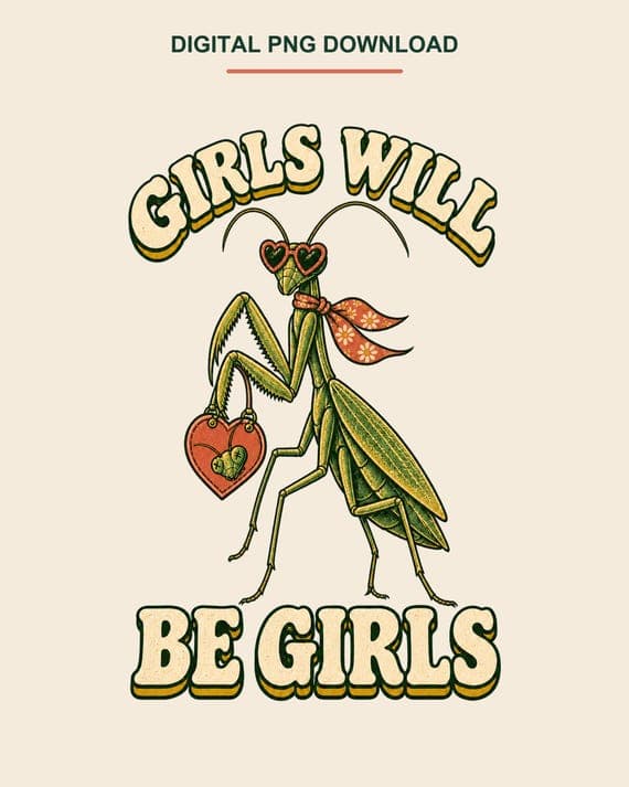 Full retro Girls Will Be Girls praying mantis artwork preview in forest green cream coral and mustard.
