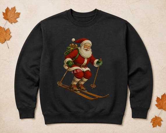 Skiing Santa retro alpine Christmas PNG realistically printed and centred on a sweatshirt.