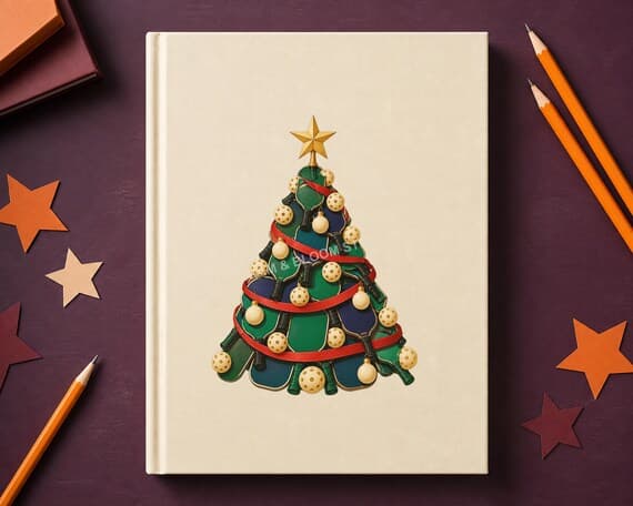 Christmas tree constructed from pickleball paddles and balls centred on a cream notebook cover.