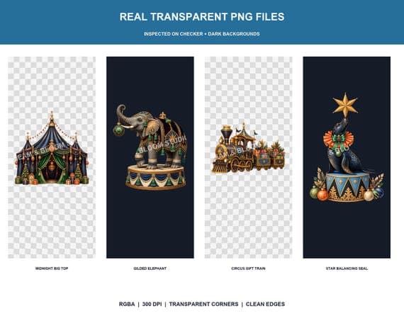 Transparent PNG proof showing four circus designs on checker and dark backgrounds.