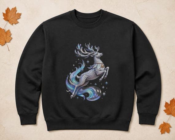 Iridescent comet reindeer Christmas illustration printed centrally on a black sweatshirt.