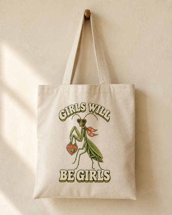 Retro praying mantis PNG design shown on a natural canvas tote bag.