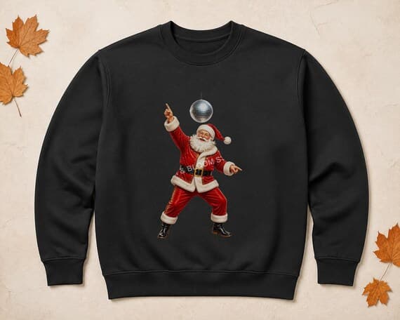 Dancing Santa retro disco Christmas PNG shown at realistic scale on a sweatshirt.