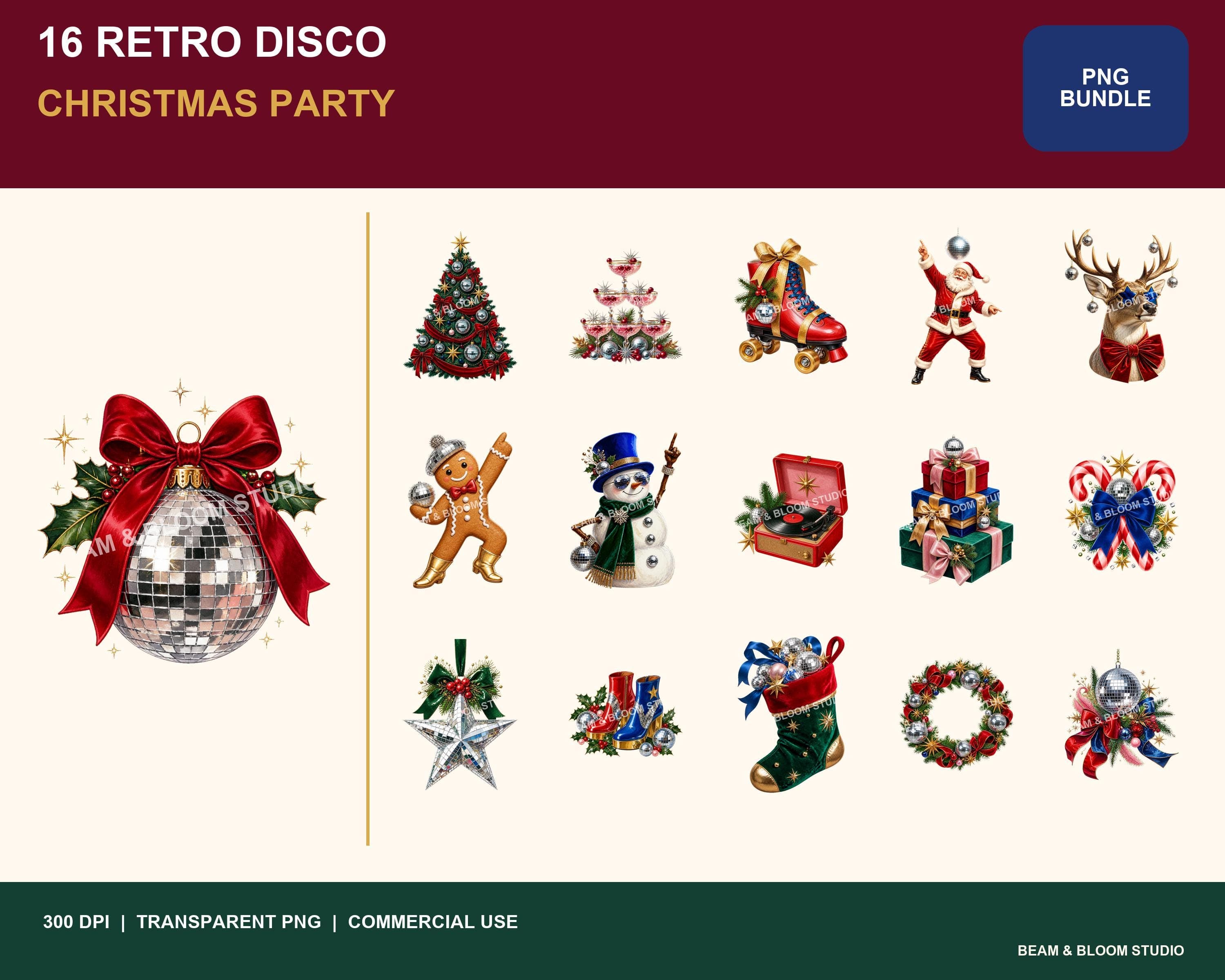 Complete collection of 16 retro disco Christmas transparent PNG illustrations in red, green, blue, silver and gold.