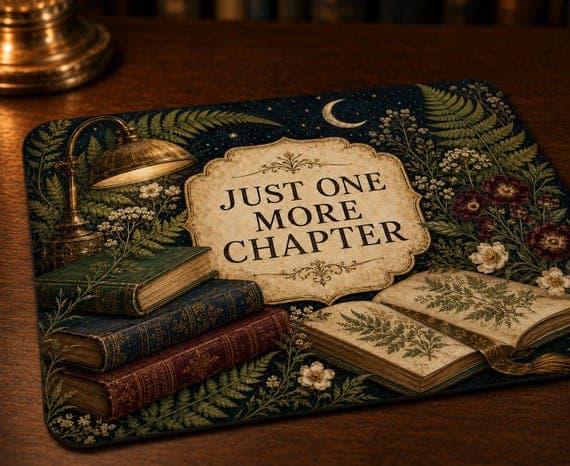 Dark Academia Mouse Mat, Vintage Books Botanical Fern, "Just One More Chapter" Mousepad