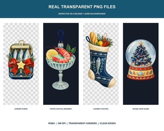 Transparent PNG proof showing four coastal Christmas designs on checker and dark backgrounds.
