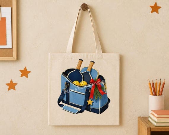 Festive retro pickleball gear bag illustration centred on a natural fabric tote bag.