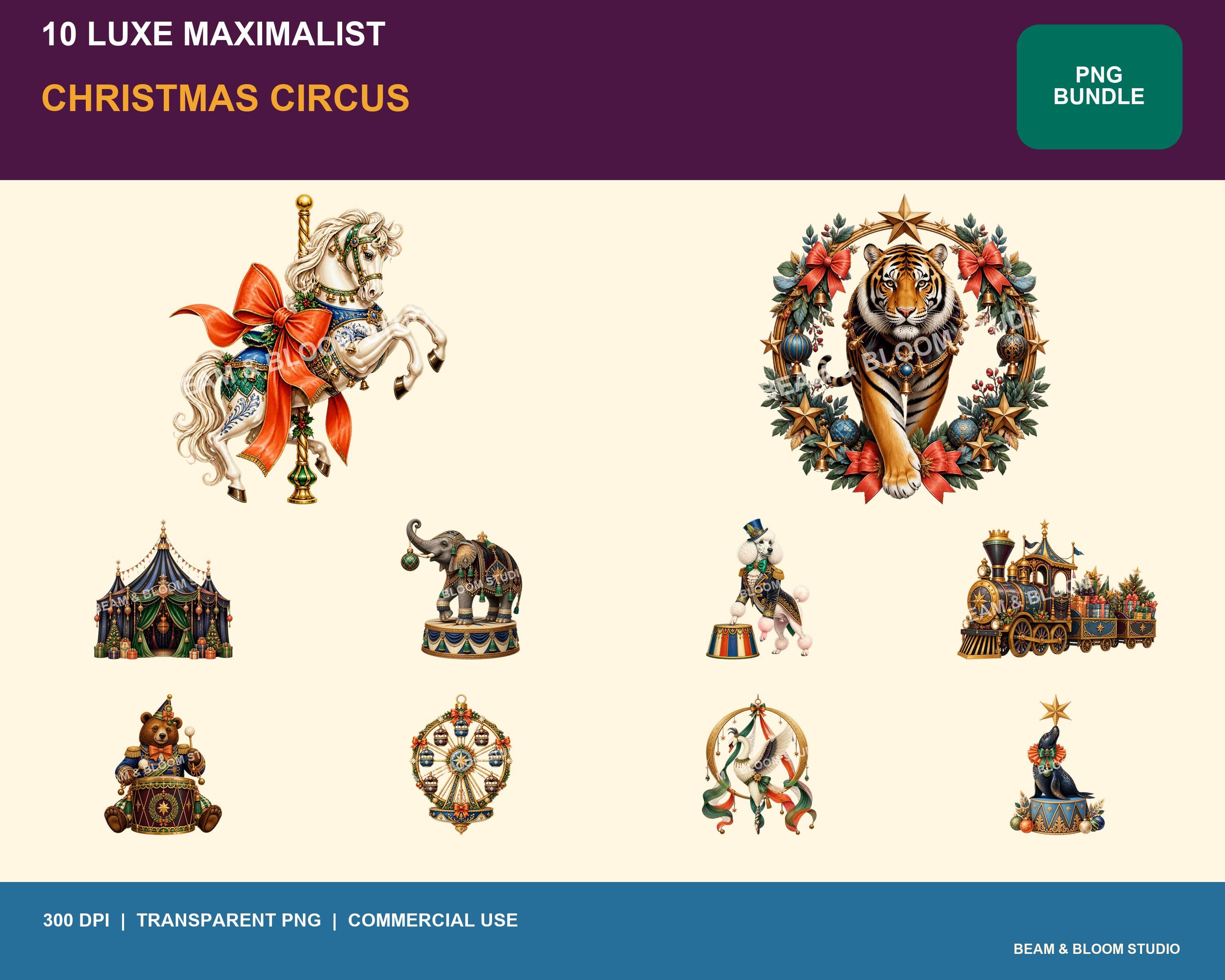 Complete collection of ten luxe maximalist Christmas circus PNG illustrations in plum blue jade persimmon and antique gold.