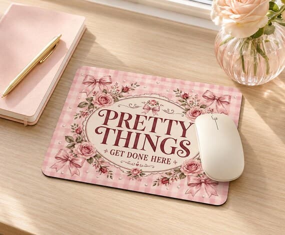 Coquette Mouse Mat, Pink Gingham Floral Desk Accessory, Feminine Office Decor