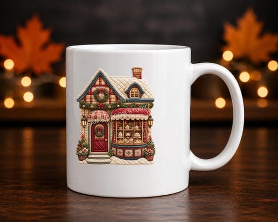 Faux quilted Christmas tea room PNG shown printed on a ceramic mug mockup.