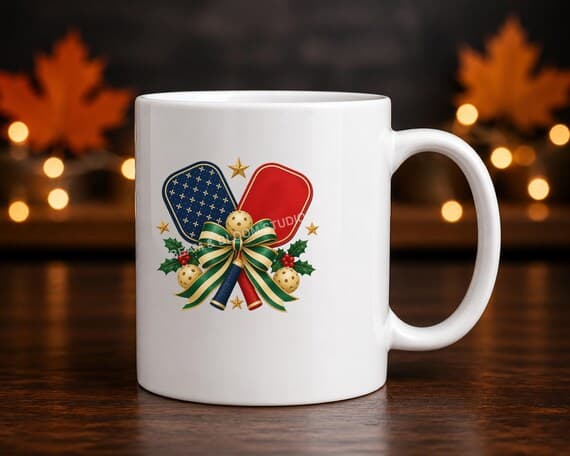 Crossed Christmas pickleball paddles with ribbon shown printed on a white ceramic mug.