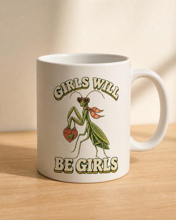 Girls Will Be Girls retro praying mantis design shown on a white mug.