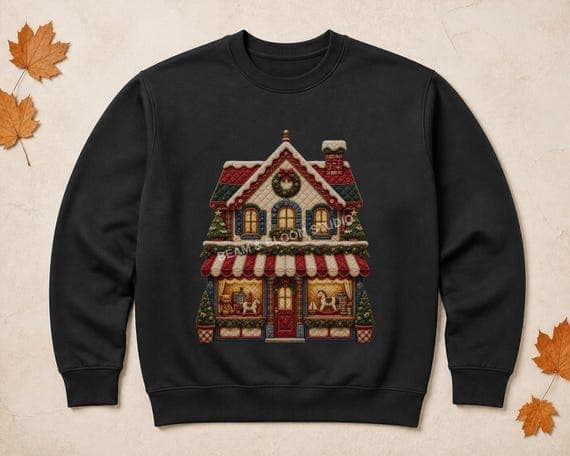 Faux quilted Christmas toy shop design printed centrally on a sweatshirt mockup.