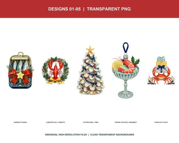 Five individual transparent coastal Christmas PNG designs on white.
