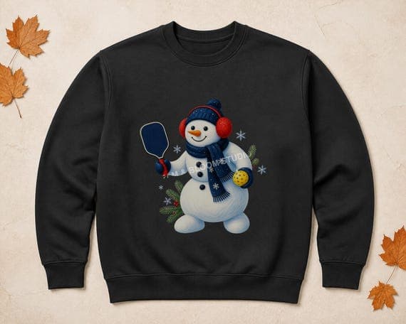 Cheerful snowman pickleball player Christmas PNG printed centrally on a black sweatshirt.