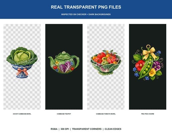 Transparent PNG proof showing Cabbage Club artwork on checker and dark backgrounds.