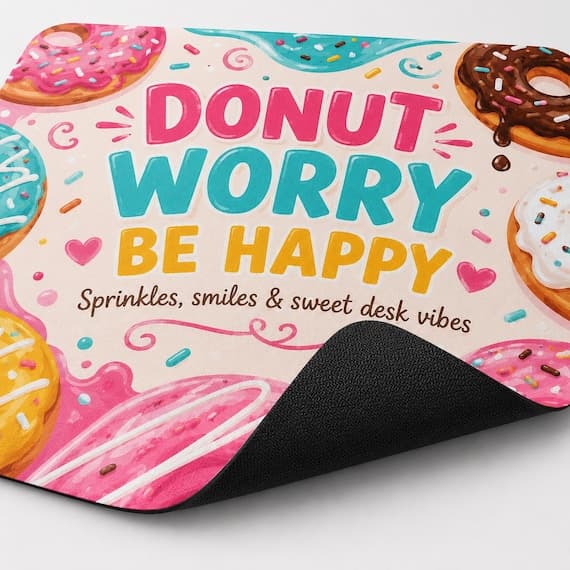 Donut Mouse Mat, Funny Donut Worry Be Happy Desk Accessory, Colourful Office Gift