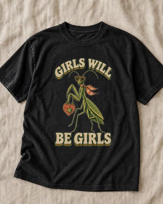 Girls Will Be Girls praying mantis graphic shown on a black T-shirt with a natural centred print scale.