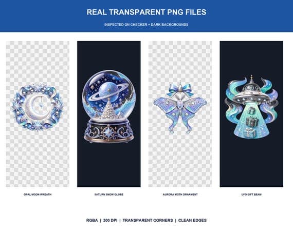 Transparent PNG proof showing four celestial Christmas designs on checker and dark backgrounds.